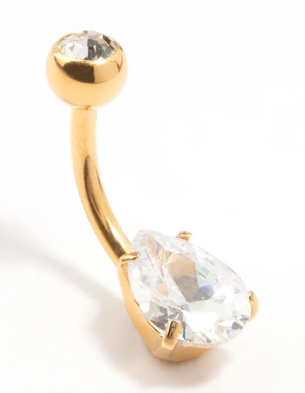 Belly Rings with Stone Accents for Elegant Style -Gold Plated Titanium Round Bezel & Pear Belly Bar Belly Rings with Stone Accents for Elegant Style -Gold Plated Titanium Round Bezel & Pear Belly Bar