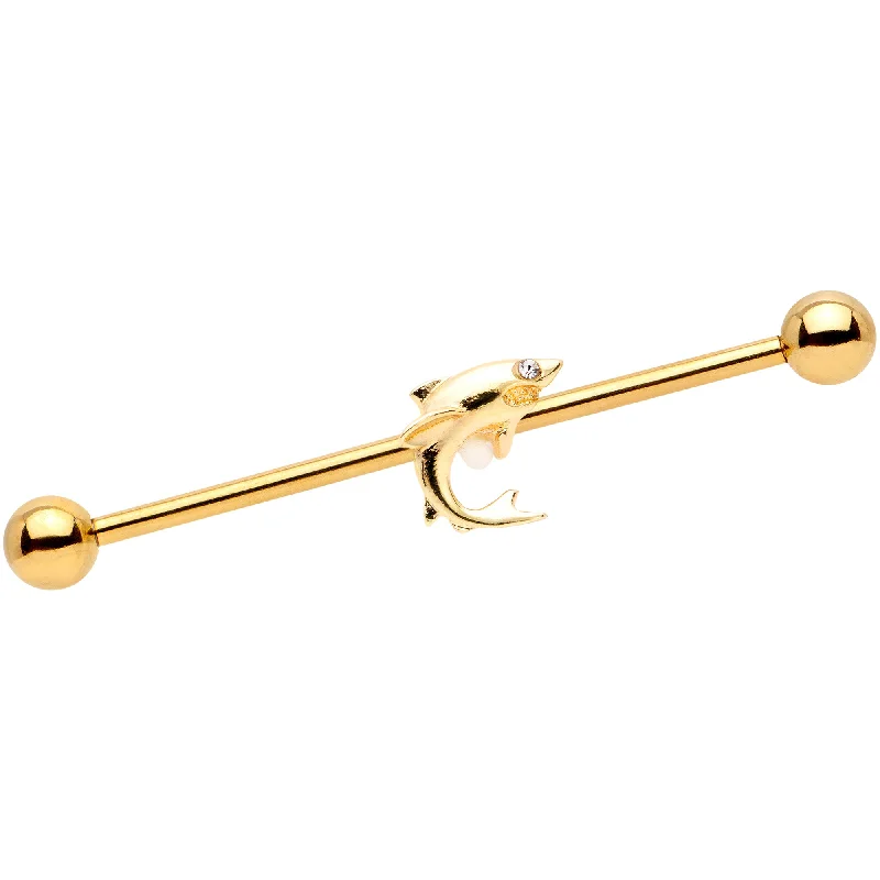 Women's Earrings – Elegant Designs for Every Personality--14 Gauge Clear Gem Gold Tone Toothy Shark Industrial Barbell 38mm