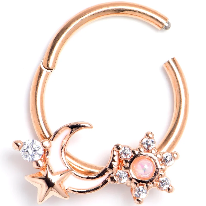Women's Earrings – Elegant Designs for Every Personality--16 Gauge 3/8 Clear CZ Gem Rose Gold Tone Moon Star Hinged Segment Ring Women's Earrings – Elegant Designs for Every Personality--16 Gauge 3/8 Clear CZ Gem Rose Gold Tone Moon Star Hinged Segment Ring