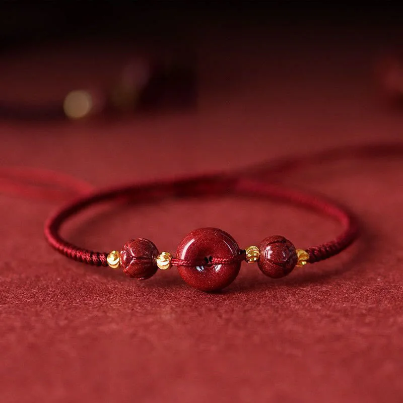 Women's Statement Bangles-Buddha Stones Handmade Lotus Cinnabar Peace Buckle Blessing Braid Bracelet