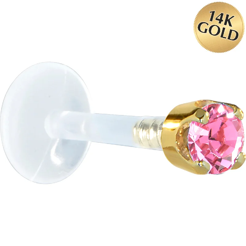Women's Earrings – Elegant Designs for Every Personality--16 Gauge 5/16 Solid 14KT Yellow Gold 3mm Pink Cubic Zirconia Bioplast Tragus Earring Stud
