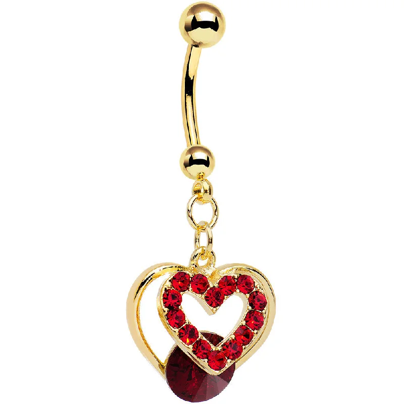 Trendy Belly Rings for Creative Styles -Red Gem Gold Anodized Steel Show Your Heart Dangle Belly Ring Trendy Belly Rings for Creative Styles -Red Gem Gold Anodized Steel Show Your Heart Dangle Belly Ring
