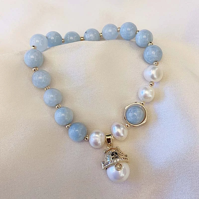 Women's Thin Stackable Bangles-Buddha Stones Aquamarine Pearl Peace Healing Lucky Cat Charm Bracelet