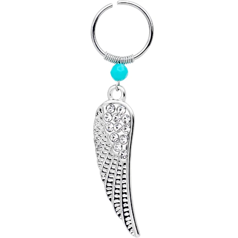 Women's Earrings – Elegant Designs for Every Personality--16 Gauge 1/4 Clear Gem Feathered Wing Dangle Circular Hoop