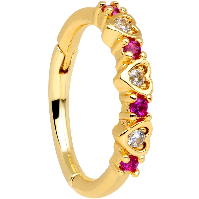 Classic Lip Rings with Contemporary Design16 Gauge 3/8 Clear Red CZ Gem Gold Tone Hearts Hinged Segment Ring
