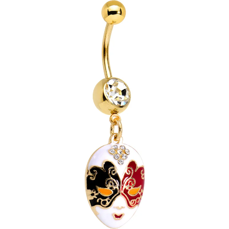 Stylish Belly Rings with Elegant Touches -Clear Gem Gold PVD Red Black Heart Masquerade Mask Dangle Belly Ring Stylish Belly Rings with Elegant Touches -Clear Gem Gold PVD Red Black Heart Masquerade Mask Dangle Belly Ring