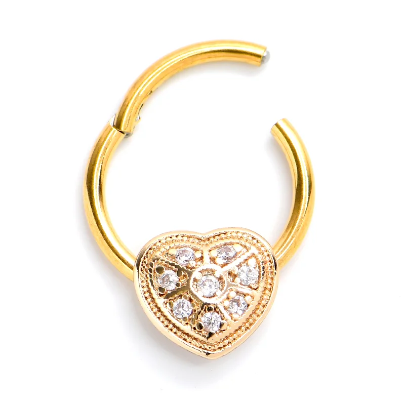 Nose Rings with Butterfly Design -16 Gauge 3/8 Clear Gem Gold Tone Ultra Luxe Heart Hinged Segment Ring Nose Rings with Butterfly Design -16 Gauge 3/8 Clear Gem Gold Tone Ultra Luxe Heart Hinged Segment Ring