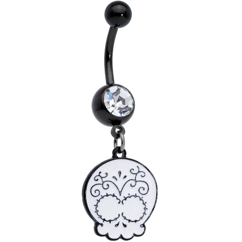Belly Rings with Classic Design for Timeless Appeal -Clear Gem Black White Calavera Sugar Skull Dangle Belly Ring Belly Rings with Classic Design for Timeless Appeal -Clear Gem Black White Calavera Sugar Skull Dangle Belly Ring