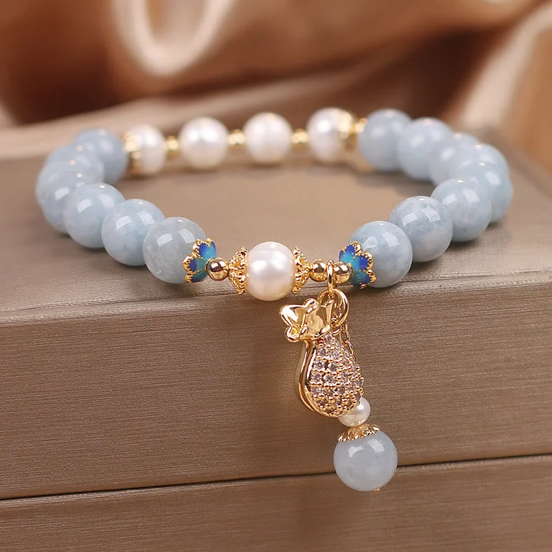 Gold Wedding Bangles for Women-Buddha Stones Aquamarine Pearl Fortune Money Bag Charm Bracelet