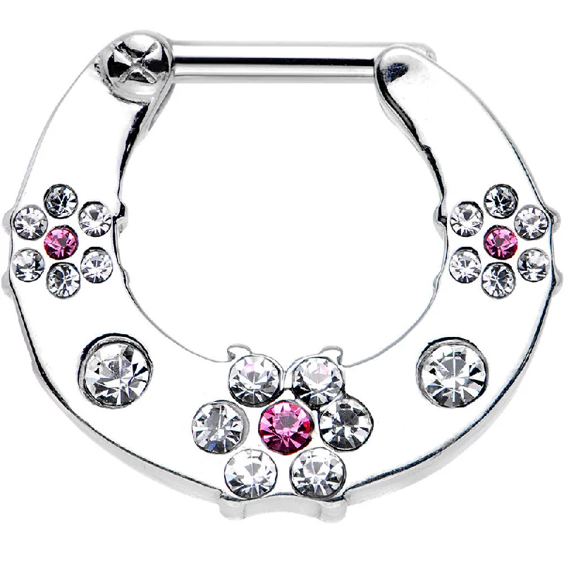 Nose Rings for Teenagers -14 Gauge 5/16 Clear and Pink Gem Steel Flower Septum Clicker Nose Rings for Teenagers -14 Gauge 5/16 Clear and Pink Gem Steel Flower Septum Clicker