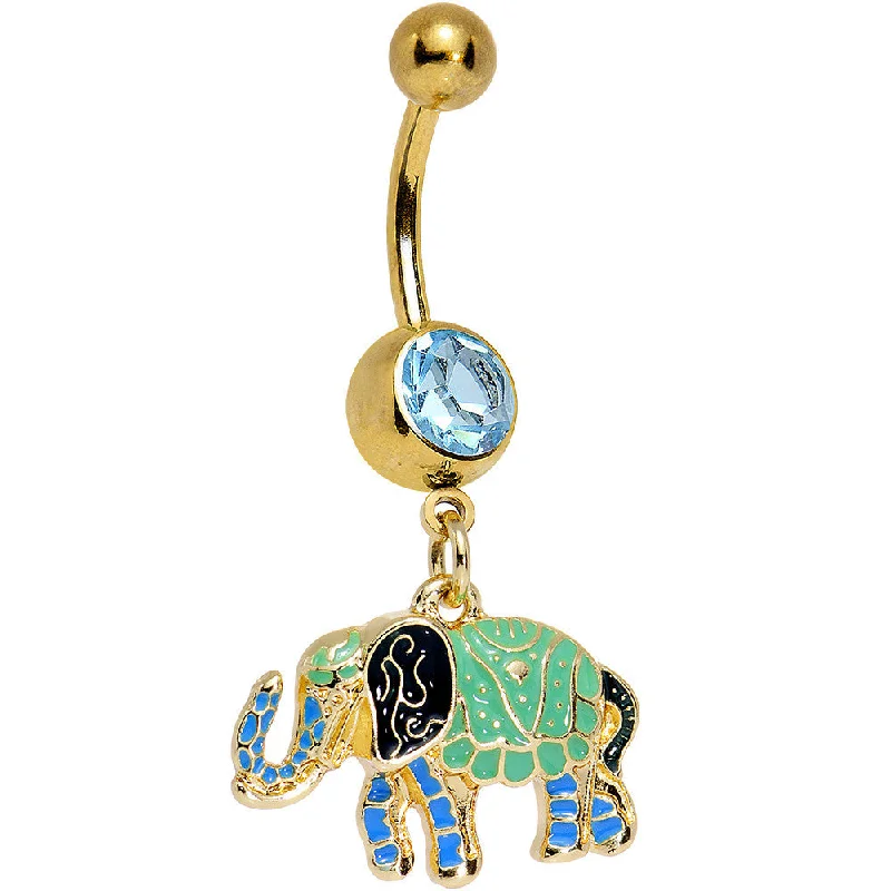 Belly Rings with Vibrant Gems for Bold Style -Aqua Gem Gold Blue Green Hip to the Scene Elephant Dangle Belly Ring