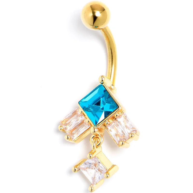 Comfortable Belly Rings for Perfect Fit -Blue Clear CZ Gem Gold Tone Rhombus Riot Dangle Belly Ring Comfortable Belly Rings for Perfect Fit -Blue Clear CZ Gem Gold Tone Rhombus Riot Dangle Belly Ring