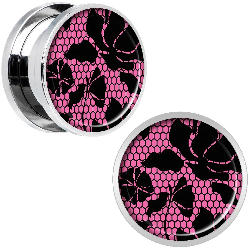 Women's Earrings – Elegant Designs for Every Personality--Pink Floral Lace Steel Screw Fit Plug Set 5/8 Women's Earrings – Elegant Designs for Every Personality--Pink Floral Lace Steel Screw Fit Plug Set 5/8