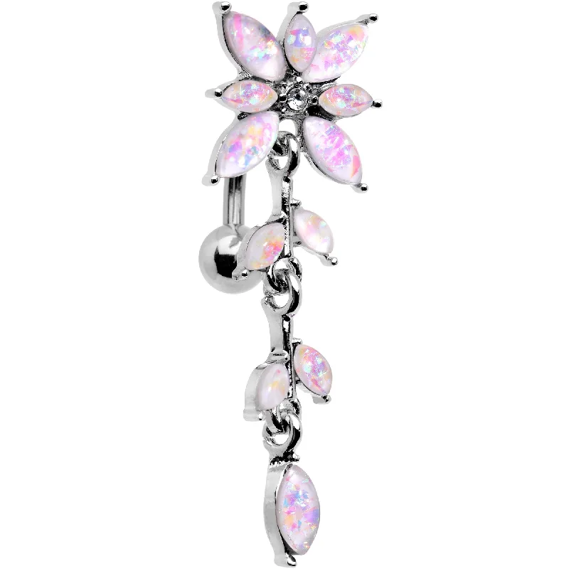 Designer Belly Rings for High-End Fashion -White Faux Opal Frosted Flower Trail Top Mount Dangle Belly Ring Designer Belly Rings for High-End Fashion -White Faux Opal Frosted Flower Trail Top Mount Dangle Belly Ring