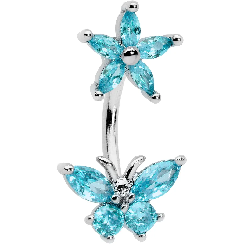 Designer Belly Rings for Fashion-Forward Women -Blue CZ Gem Flower Butterfly Double Mount Belly Ring