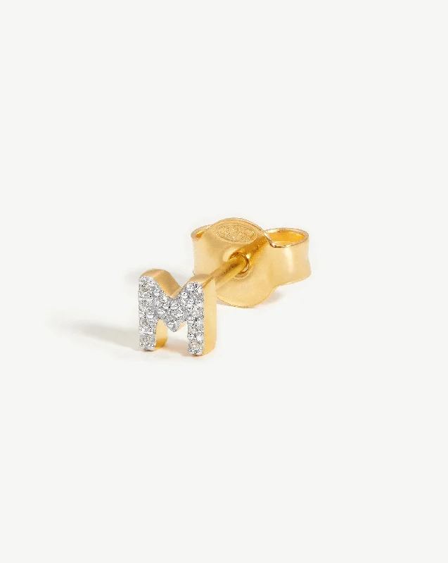 Women's Earrings – Elegant Designs for Every Personality--Pave Initial Single Stud Earring - Initial M | 18k Gold Vermeil/Cubic Zirconia Women's Earrings – Elegant Designs for Every Personality--Pave Initial Single Stud Earring - Initial M | 18k Gold Vermeil/Cubic Zirconia