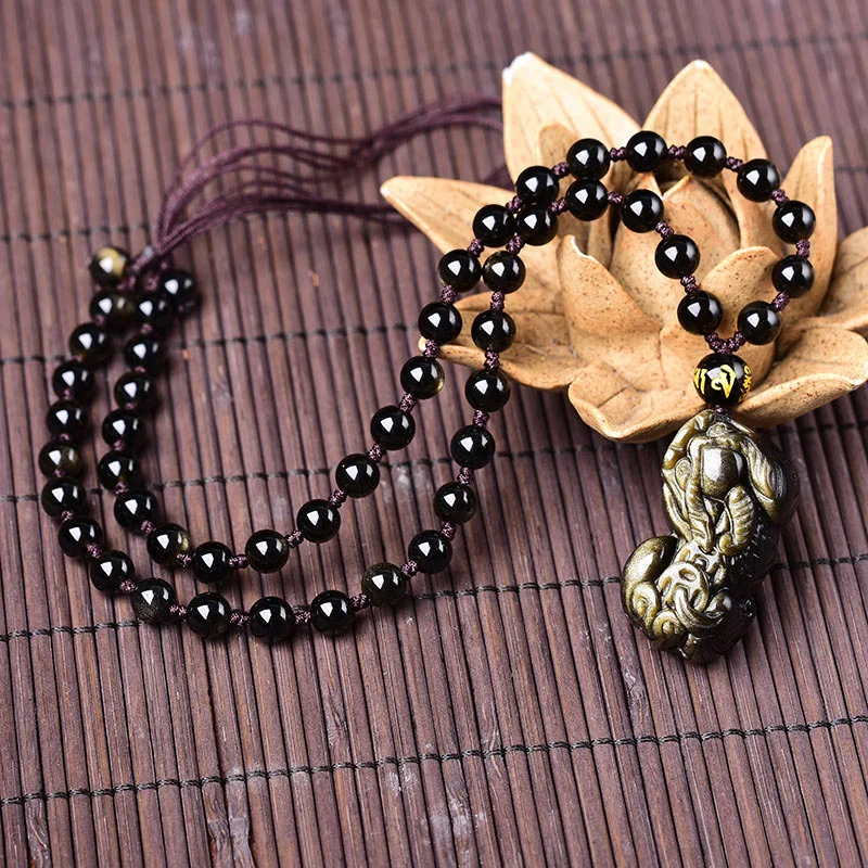 Shop Classic Women's Necklaces & Pendants with a Modern Twist-Buddha Stones FengShui Gold Sheen Obsidian PiXiu Wealth Necklace Shop Classic Women's Necklaces & Pendants with a Modern Twist-Buddha Stones FengShui Gold Sheen Obsidian PiXiu Wealth Necklace