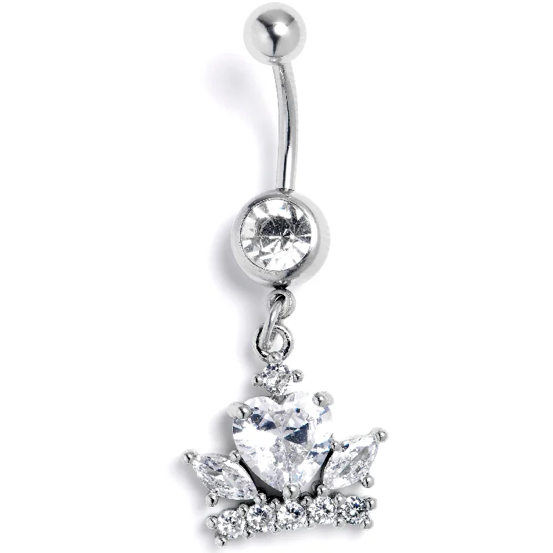 Comfortable Belly Rings with Modern Appeal -Clear Gem Heart Crown Dangle Belly Ring