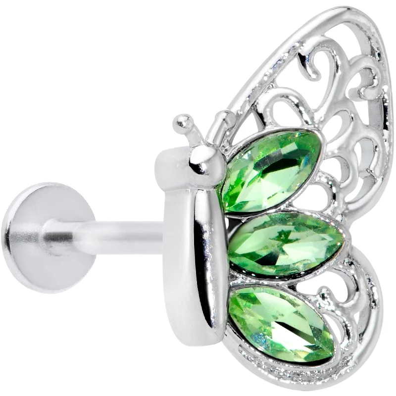 Silver Lip Rings for Elegant Appeal16 Gauge 5/16 Green Gem Lacy Butterfly Labret Monroe Tragus