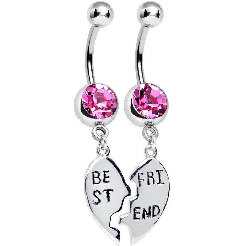 Comfortable Belly Rings for Daily Wear -Pink Gem Shared Heart Best Friend Heart Dangle Belly Ring Set