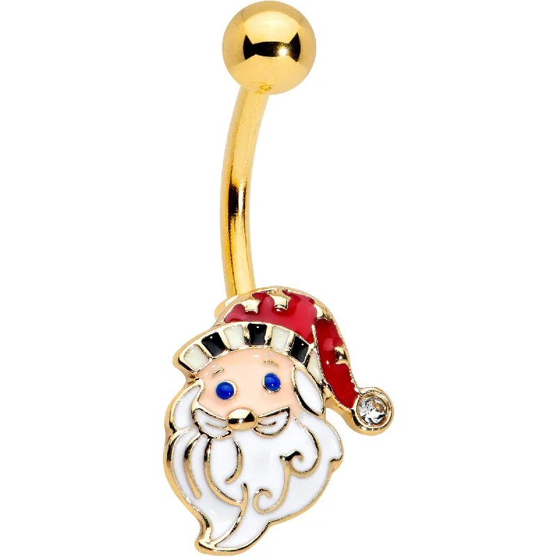 Trendy Belly Rings with Modern Features -Clear Gem Gold Tone Blue Eyed Santa Claus Christmas Belly Ring Trendy Belly Rings with Modern Features -Clear Gem Gold Tone Blue Eyed Santa Claus Christmas Belly Ring