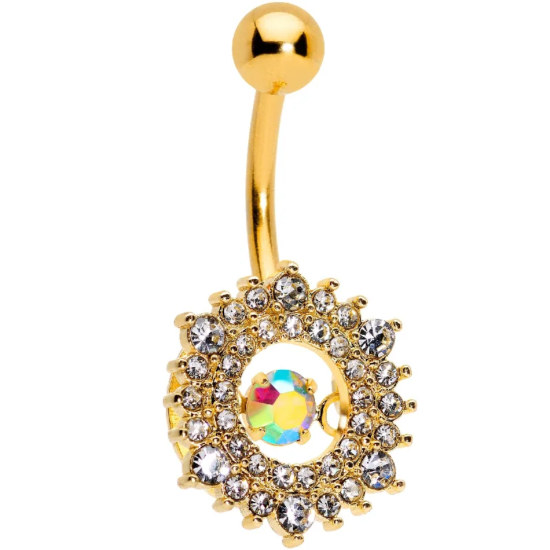 Unique Belly Rings with Artistic Design -Clear Aurora Dangle Gem Gold Tone Sunburst Belly Ring Unique Belly Rings with Artistic Design -Clear Aurora Dangle Gem Gold Tone Sunburst Belly Ring