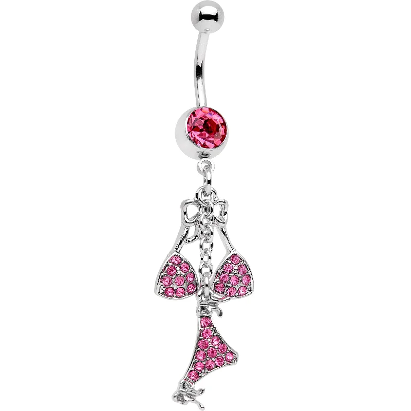 Belly Rings for Fun Fashion Styles -Pink Gem Unraveled Bow Dangle Belly Ring