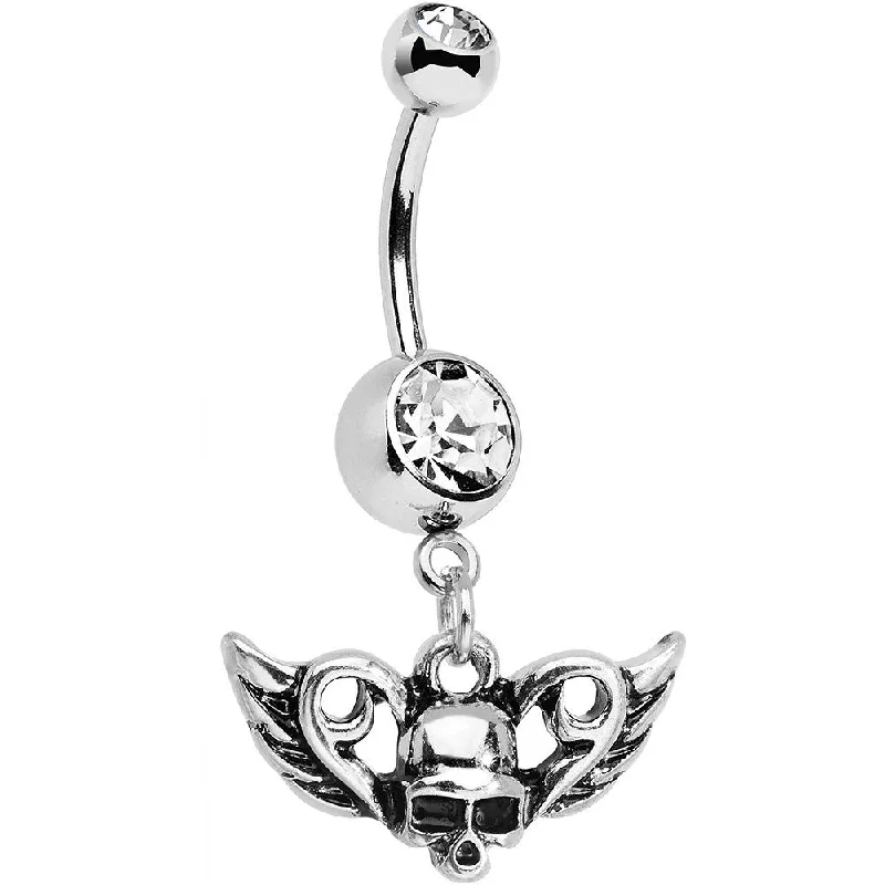 Comfortable Belly Rings with Chic Finish -Clear Gem Born to Be Bad Winged Skull Dangle Belly Ring Comfortable Belly Rings with Chic Finish -Clear Gem Born to Be Bad Winged Skull Dangle Belly Ring