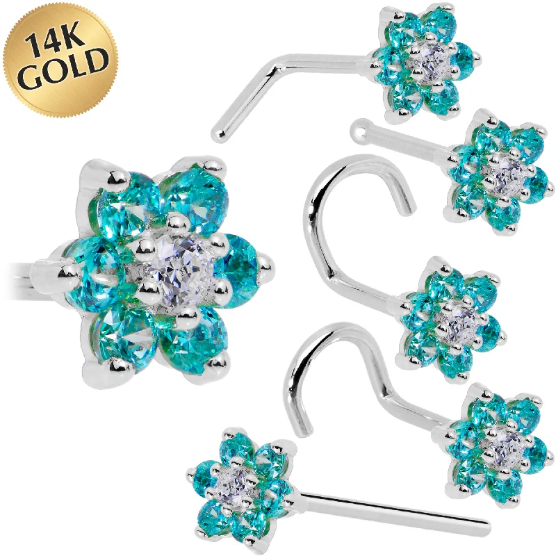 Nose Rings with Green Stones -Solid 14KT White Gold Mint Green and Clear Cubic Zirconia Flower Nose Ring Nose Rings with Green Stones -Solid 14KT White Gold Mint Green and Clear Cubic Zirconia Flower Nose Ring