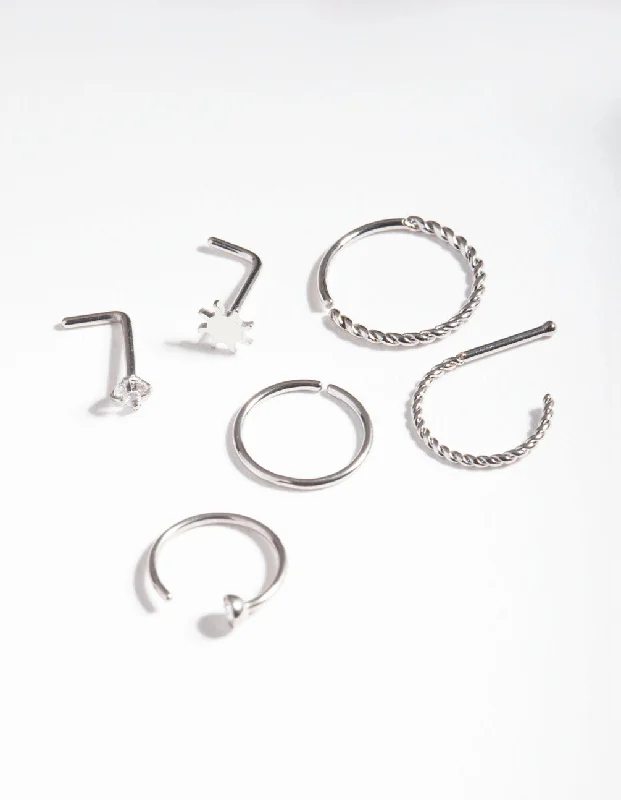 Classic Silver Nose Rings -Surgical Steel Sun Twist Nose Jewellery 6-Pack