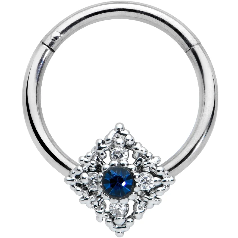 Designer Lip Rings for Fashion-Forward Women16 Gauge 3/8 Clear Blue Gem Textured Rhombus Cross Hinged Segment Ring