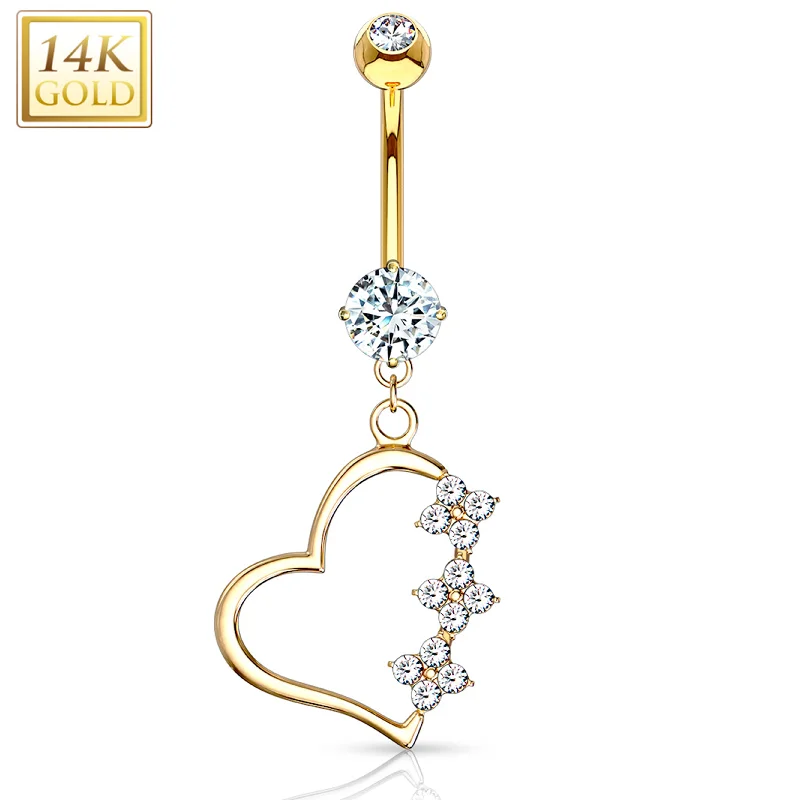 Unique Belly Rings with Shiny Detailing -14kt Solid Yellow Gold CZ Sweet Hollow Heart Dangle Belly Ring