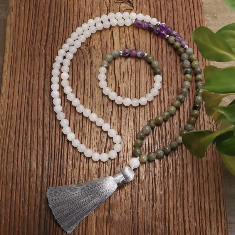 Handcrafted Bracelets for Men with Details-Buddha Stones 108 Mala Beads White Agate Amethyst Black Glitter Stone Protection Bracelet Handcrafted Bracelets for Men with Details-Buddha Stones 108 Mala Beads White Agate Amethyst Black Glitter Stone Protection Bracelet