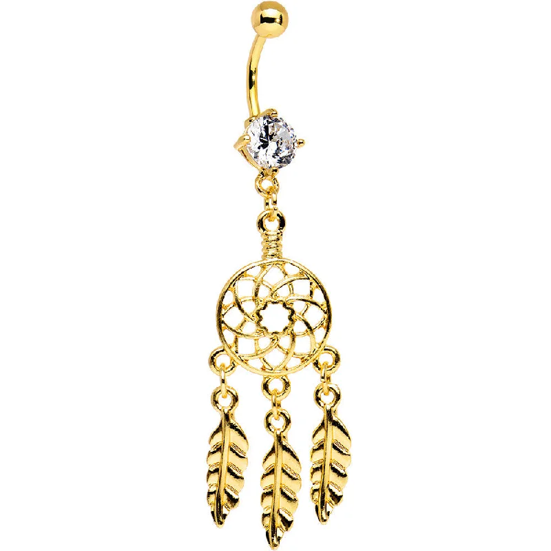 Trendy Belly Rings for Unique Fashion -Clear CZ Gold Anodized Dreamcatcher Dangle Belly Ring Trendy Belly Rings for Unique Fashion -Clear CZ Gold Anodized Dreamcatcher Dangle Belly Ring