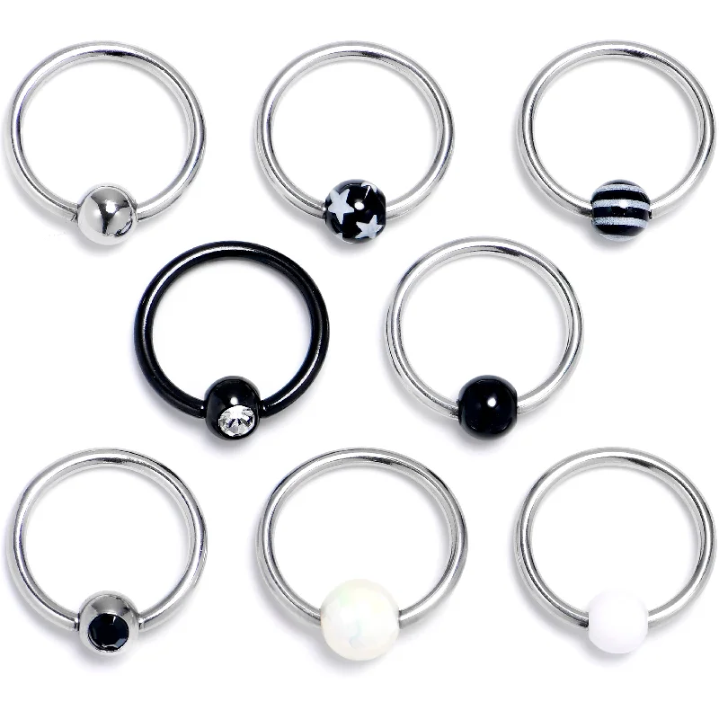 Lip Rings with Beaded Details16 Gauge 3/8 Clear Black Gem Mix Black White BCR Captive Ring Set of 8