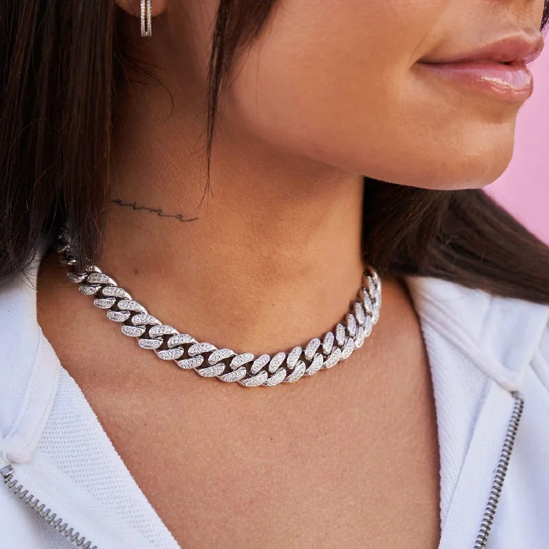 Shop Classic Women's Necklaces & Pendants with a Modern Twist-Diamond Cuban Link Choker in White Gold - 12mm Shop Classic Women's Necklaces & Pendants with a Modern Twist-Diamond Cuban Link Choker in White Gold - 12mm