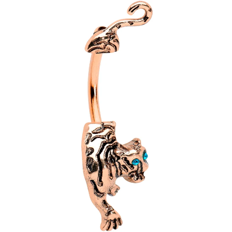 Stylish Belly Rings with Vibrant Colors -Blue Gem Rose Gold Tone Prowling Tiger Double Mount Belly Ring Stylish Belly Rings with Vibrant Colors -Blue Gem Rose Gold Tone Prowling Tiger Double Mount Belly Ring