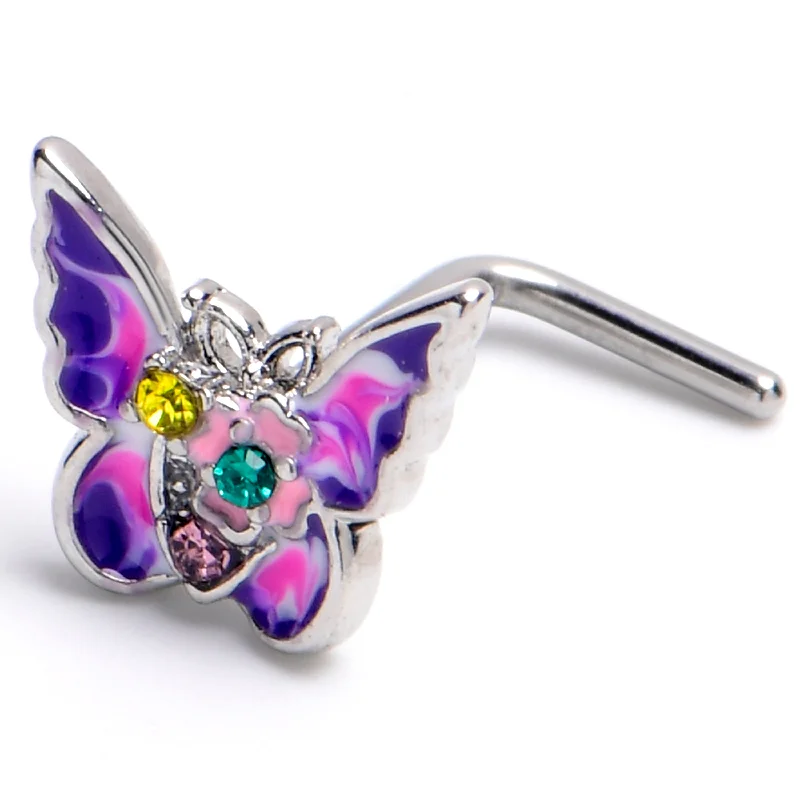 Chic Nose Rings -20 Gauge 7mm Yellow Green Gem Exotic Butterfly L Shape Nose Ring