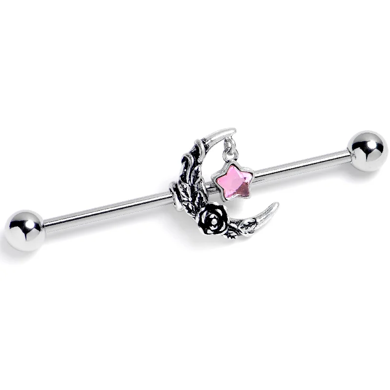 Women's Earrings – Elegant Designs for Every Personality--14 Gauge Pink Gem Ornate Moon Star Industrial Barbell 38mm