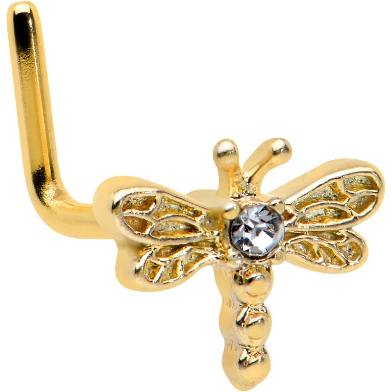 Nose Rings with Dazzling Details -20 Gauge 7mm Clear Gem Gold Tone Flying Dragonfly L Shape Nose Ring Nose Rings with Dazzling Details -20 Gauge 7mm Clear Gem Gold Tone Flying Dragonfly L Shape Nose Ring