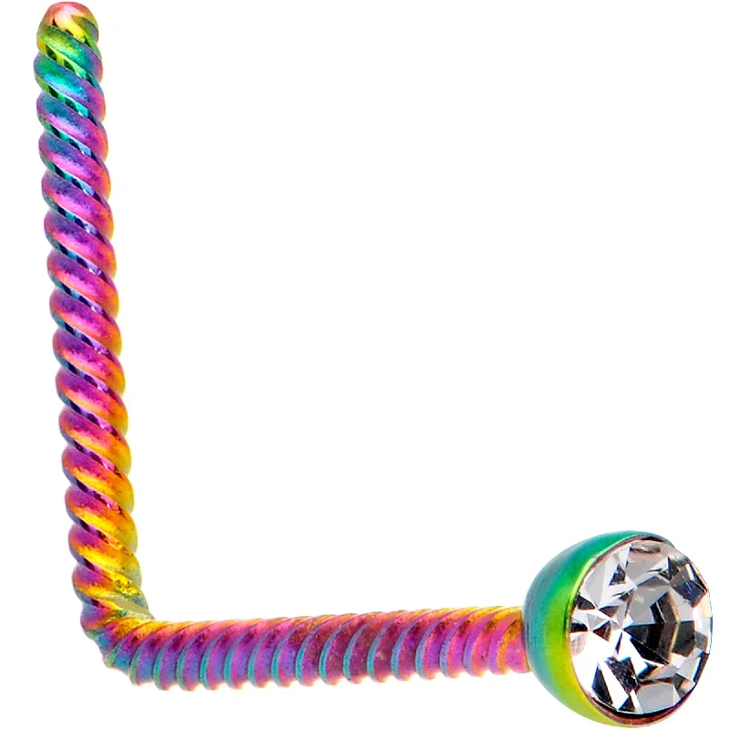 Nose Rings for All Fashion Styles -Clear 2mm Gem Inlay Rainbow IP So Twisted L Shaped Nose Ring Nose Rings for All Fashion Styles -Clear 2mm Gem Inlay Rainbow IP So Twisted L Shaped Nose Ring