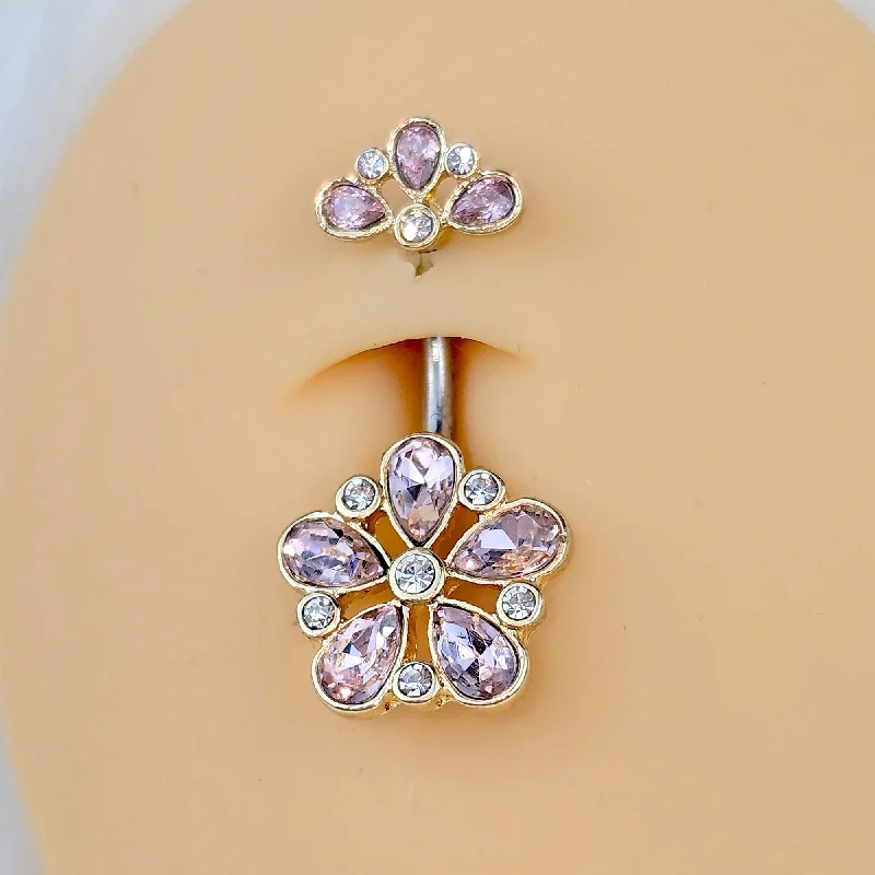 Belly Rings with Unique Shape Designs -Pink Clear Gem Filigree Flower Fantasy Double Mount Belly Ring Belly Rings with Unique Shape Designs -Pink Clear Gem Filigree Flower Fantasy Double Mount Belly Ring