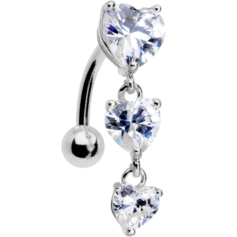 Designer Belly Rings for Luxury Look -Clear CZ Gem Tri Heart Top Mount Dangle Belly Ring Designer Belly Rings for Luxury Look -Clear CZ Gem Tri Heart Top Mount Dangle Belly Ring