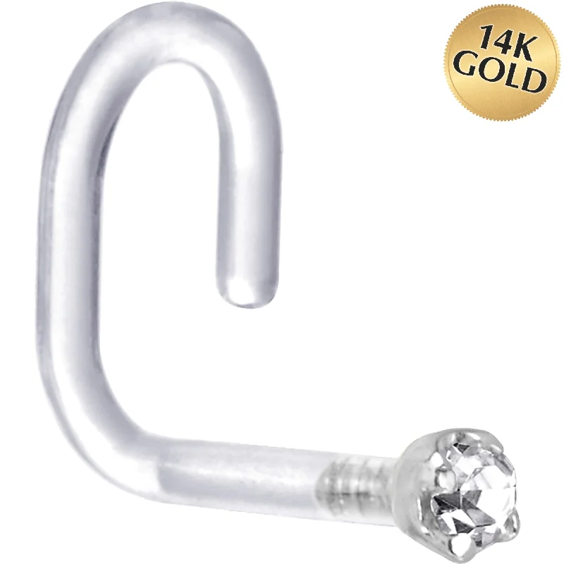 Nose Rings with Natural Stones -18 Gauge 1/4 White Gold 1.5mm Clear Cubic Zirconia Bioplast Nose Ring Nose Rings with Natural Stones -18 Gauge 1/4 White Gold 1.5mm Clear Cubic Zirconia Bioplast Nose Ring