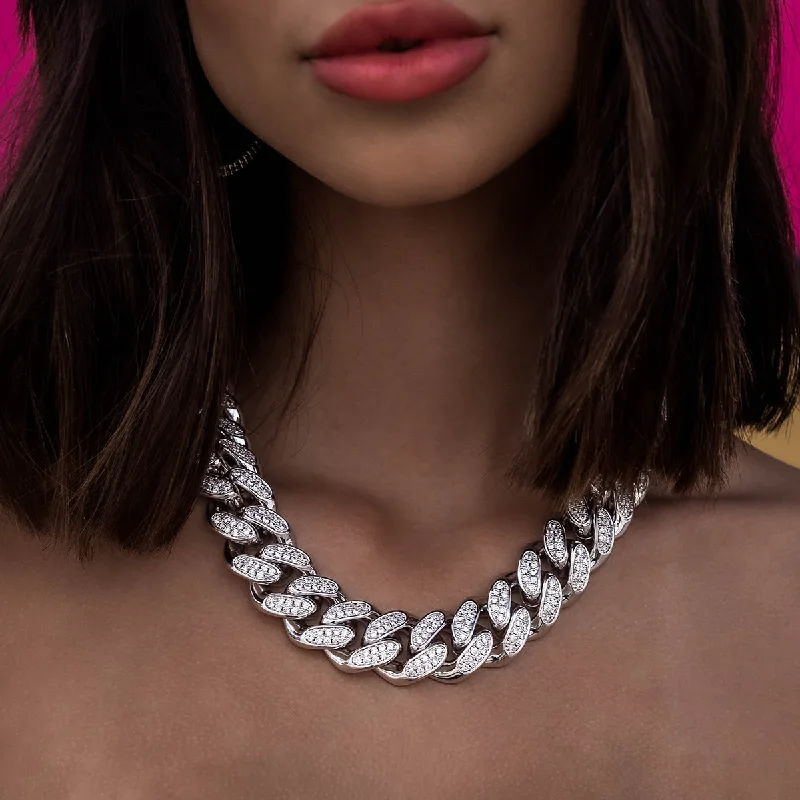 Shop Classic Women's Necklaces & Pendants with a Modern Twist-Diamond Cuban Link Necklace in White Gold- 19mm Shop Classic Women's Necklaces & Pendants with a Modern Twist-Diamond Cuban Link Necklace in White Gold- 19mm