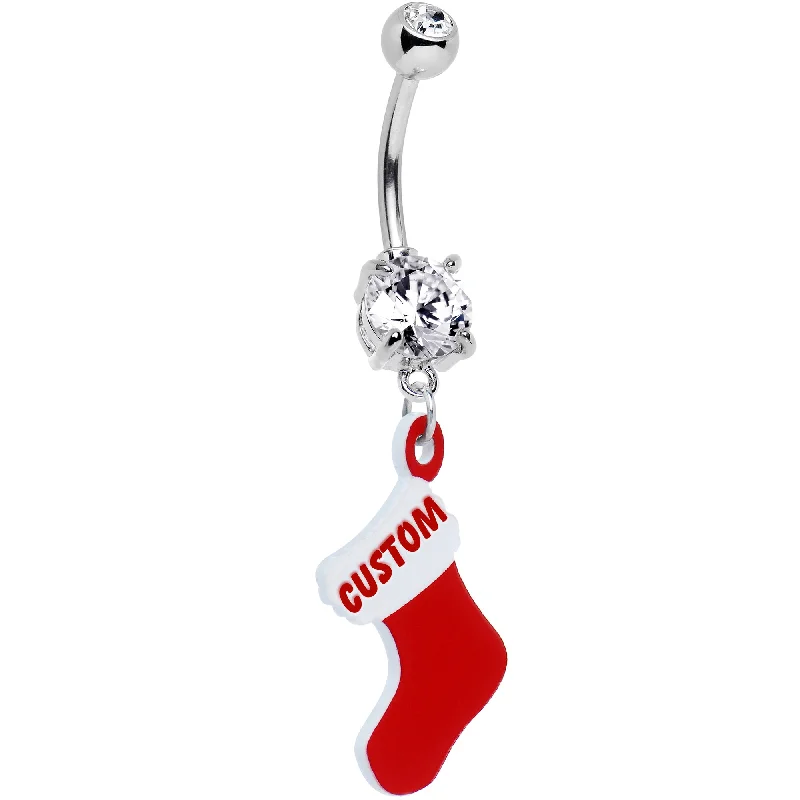Designer Belly Rings for Glamorous Looks -Clear Gem Custom Christmas Stocking Personalized Dangle Belly Ring
