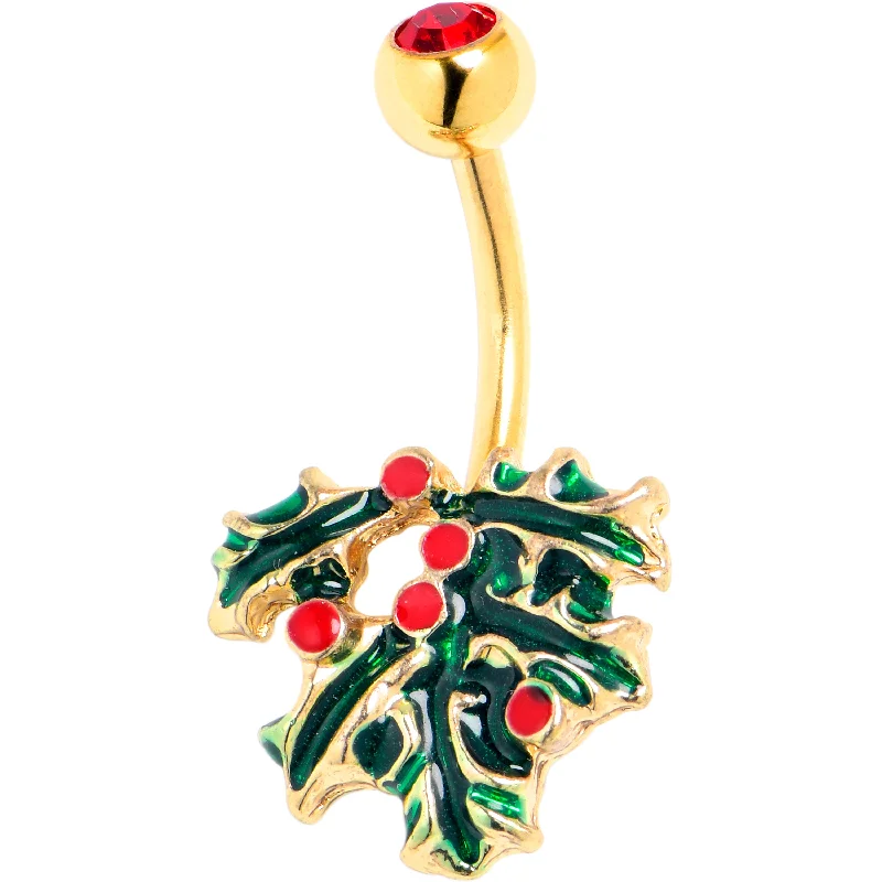 Stunning Belly Rings with Classic Design -Red Gem Gold Tone Festive Holly Sprig Christmas Belly Ring Stunning Belly Rings with Classic Design -Red Gem Gold Tone Festive Holly Sprig Christmas Belly Ring