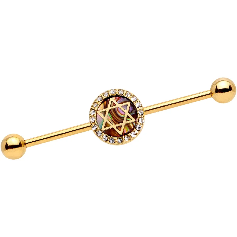 Women's Earrings – Elegant Designs for Every Personality--Clear Gem Star of David Gold Anodized Straight Industrial Barbell 38mm Women's Earrings – Elegant Designs for Every Personality--Clear Gem Star of David Gold Anodized Straight Industrial Barbell 38mm