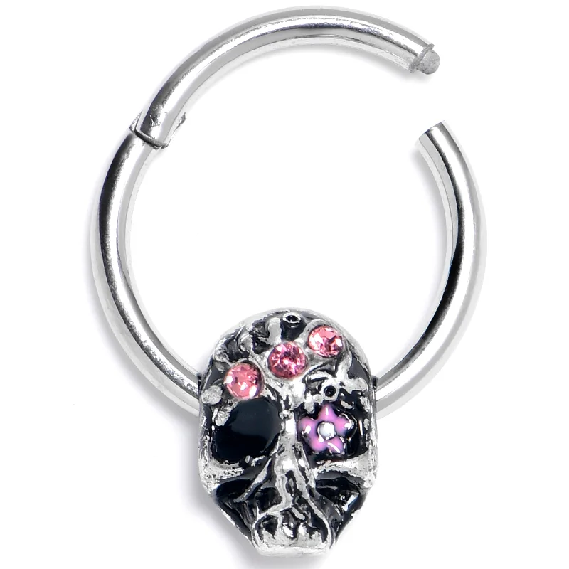 Nose Rings for Easy Wear -16 Gauge 3/8 Pink Gem Stylish Skull Hinged Segment Ring