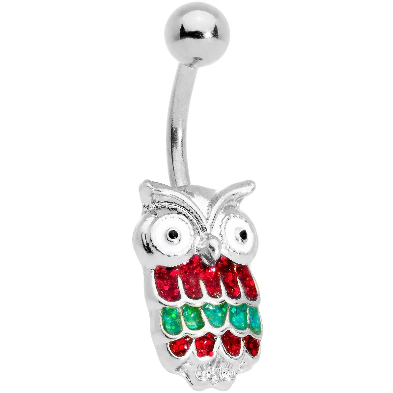Unique Belly Rings with Artistic Shapes -Red Green Happy Holiday Christmas Hoot Owl Belly Ring Unique Belly Rings with Artistic Shapes -Red Green Happy Holiday Christmas Hoot Owl Belly Ring